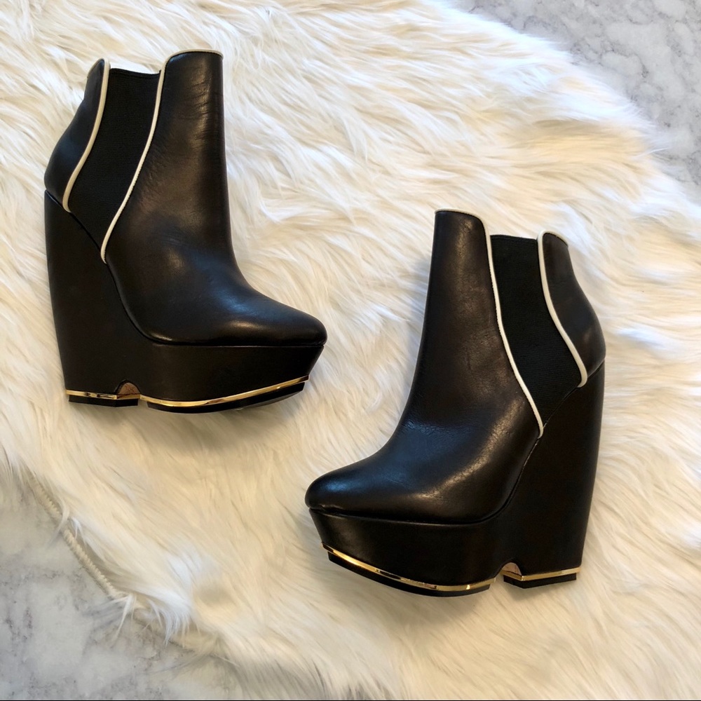 L. A. M. B. : Black “Diva” Platform Wedge Booties